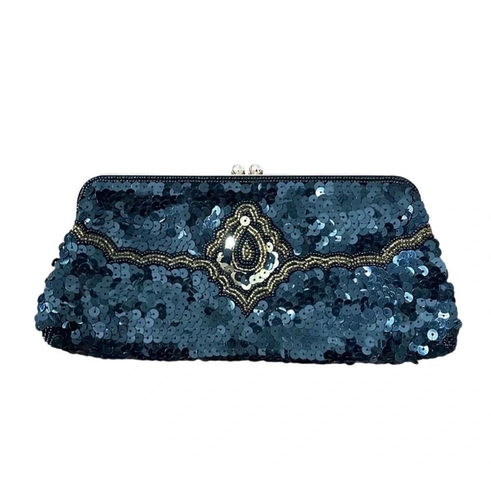 The Limited Black Sequin and Gold Beaded Clutch Handbag